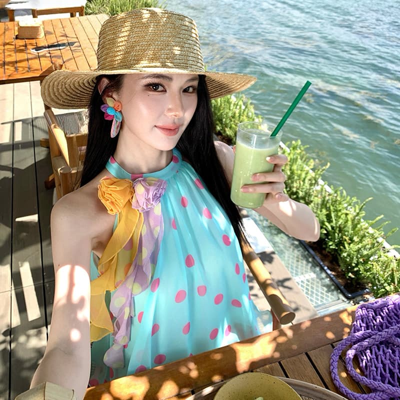 달콤함 도파민 소녀 색상 도트 무늬 행침 목 케이크 여성 드레스 여름 새로운 휴가 바람 아름다운 롱 스커트 이미지 5