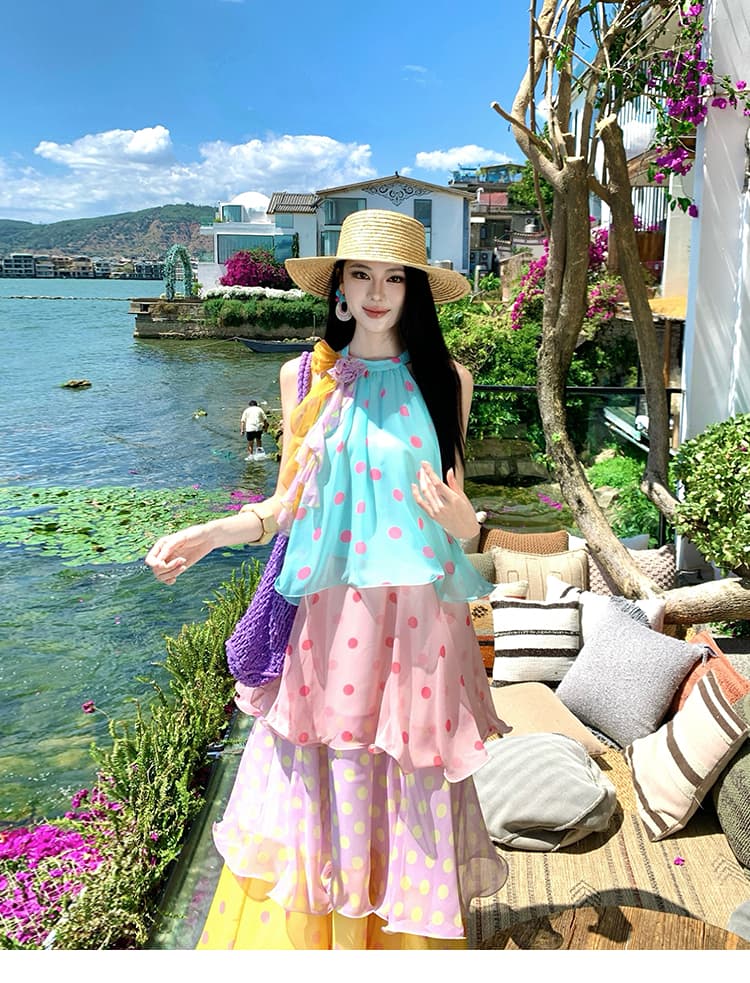 달콤함 도파민 소녀 색상 도트 무늬 행침 목 케이크 여성 드레스 여름 새로운 휴가 바람 아름다운 롱 스커트 상세 이미지 1