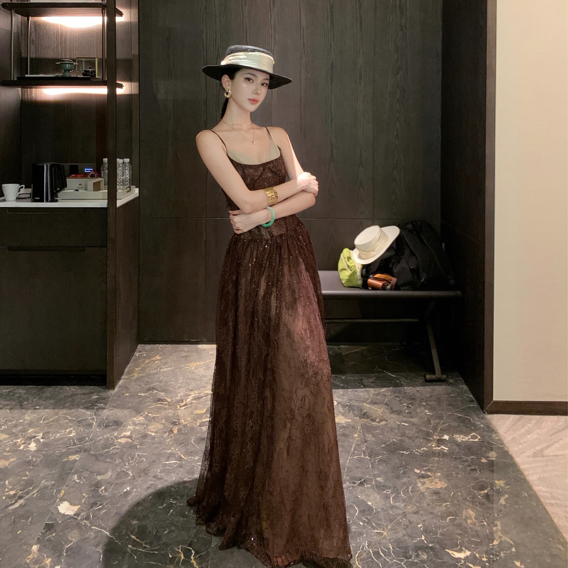 프랑스식 빛 럭셔리 레이스 슬립 드레스 커피 색상 생일 성인식 빛 이브닝 드레스 치마 롱 스커트 여성 여름 이미지 4