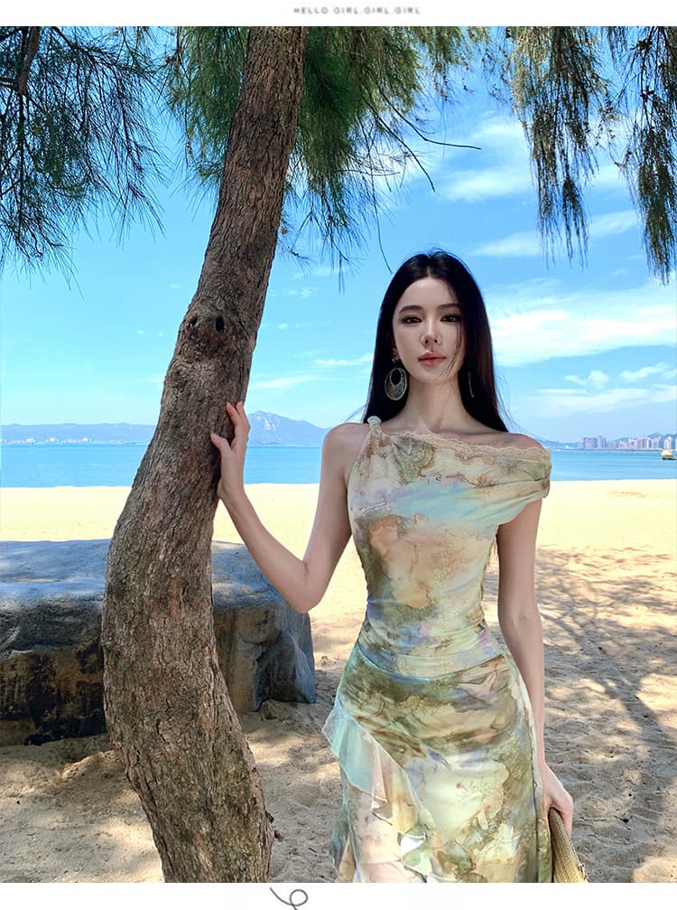 데이지 그리고 아름다움 프랑스식 오프숄더 유화 여성 드레스 여름 레이스 타이트 스커트 롱 스커트 휴가 치마 상세 이미지 14