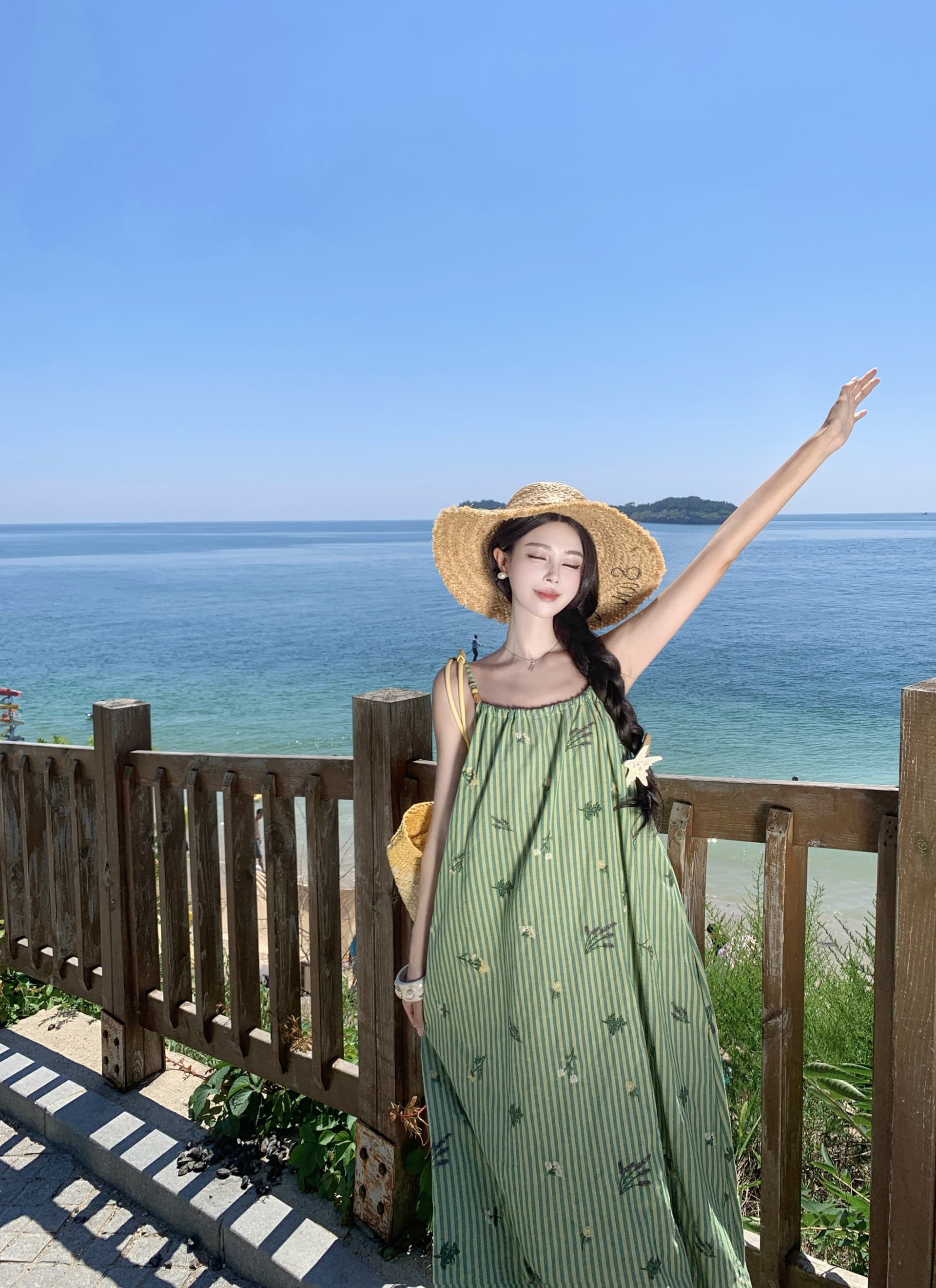 해변가 휴가 고급 센스 녹색 스트라이프 슬립 여성 드레스 여름 자이언트 잘 생긴 루즈핏 슬림해 보이는 품격 롱 스커트 상세 이미지 13