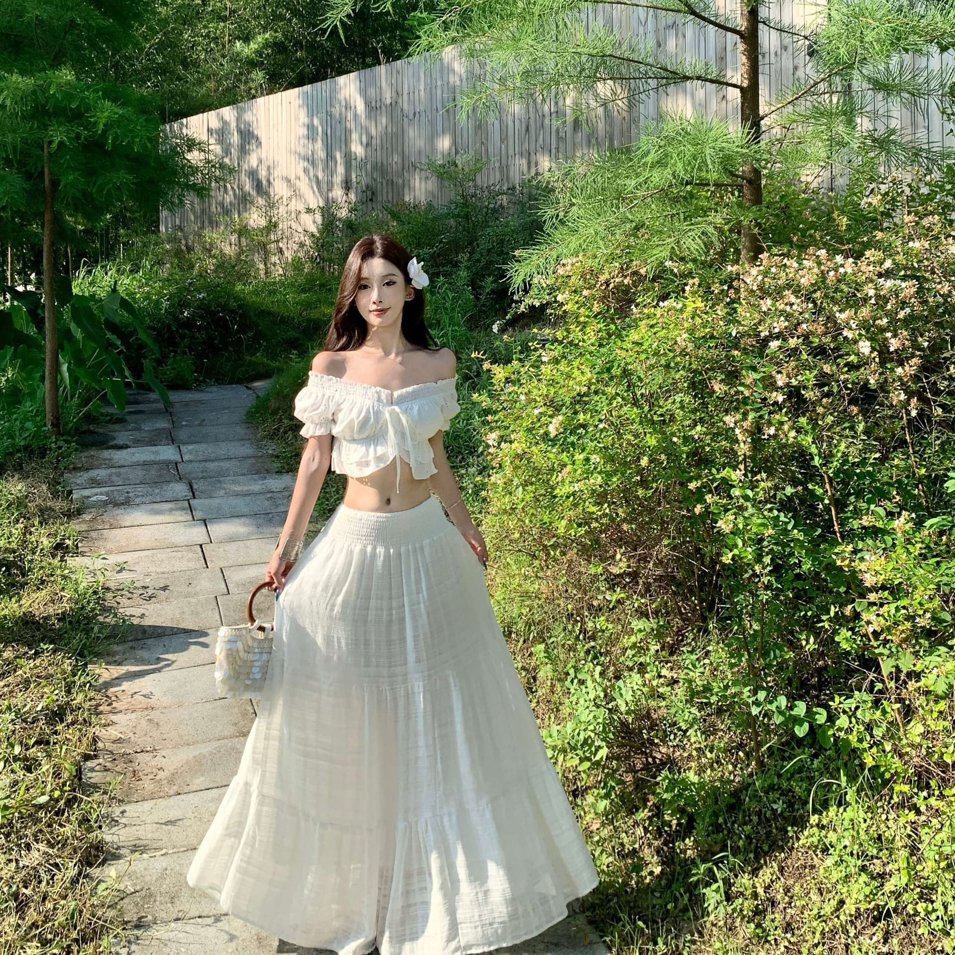 오프숄더 프랑스식 프릴 맨위 여성 여름 새로운 부드러운 세트 하이웨이스트 도루 센스 화이트 반신 스커트 롱 스커트 이미지 5