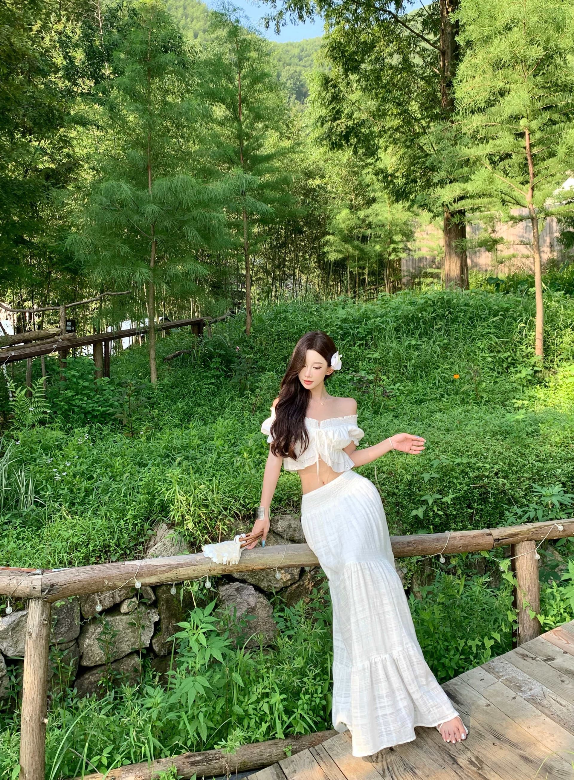 오프숄더 프랑스식 프릴 맨위 여성 여름 새로운 부드러운 세트 하이웨이스트 도루 센스 화이트 반신 스커트 롱 스커트 상세 이미지 10