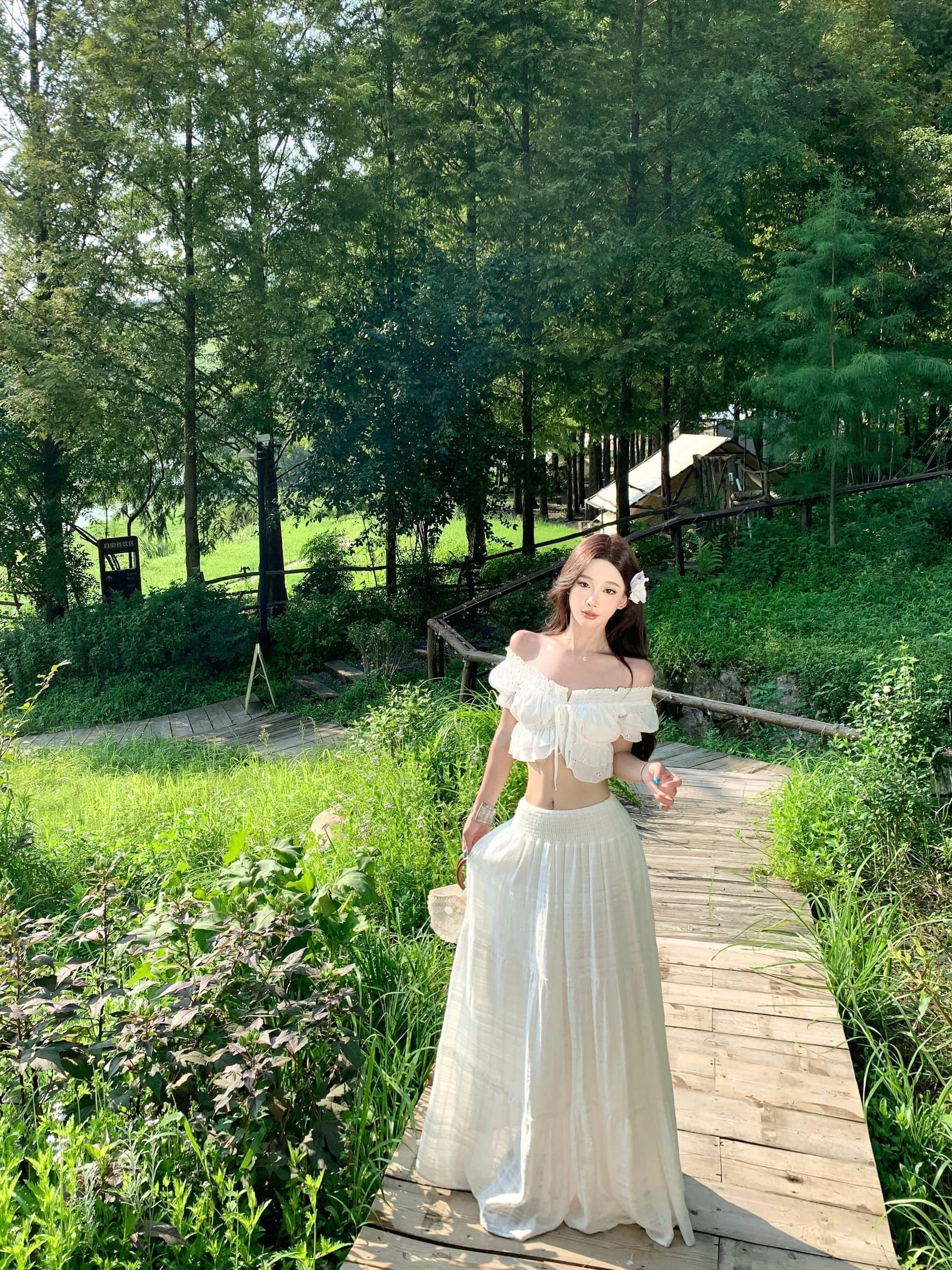 오프숄더 프랑스식 프릴 맨위 여성 여름 새로운 부드러운 세트 하이웨이스트 도루 센스 화이트 반신 스커트 롱 스커트 상세 이미지 22