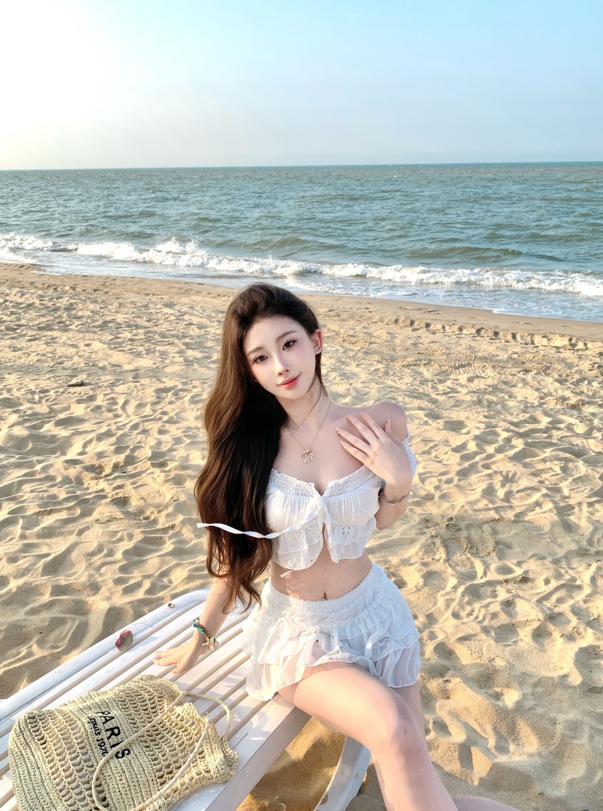 순수한 욕망 달콤한 핫걸 휴가 바람 여행 섹시함 오프숄더 쇼트 스타일 맨위 코디 케이크 드레스 화이트 두 조각 여성 세트 상세 이미지 9