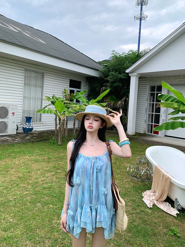 파란색 3 차원 꽃 헤일로 염색 쉬폰 인형 셔츠 캐미솔 레이스 조각 반신 스커트 학위 투피스 세트 여름 상세 이미지 9