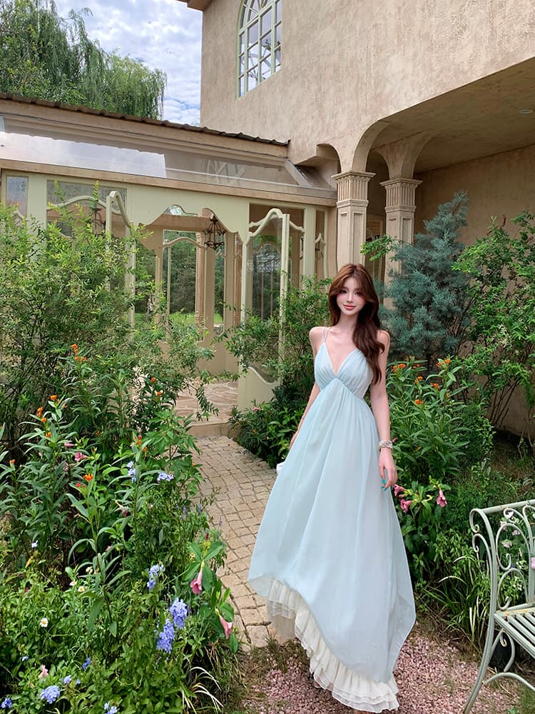 프랑스식 감기 부드러운 빛 쉬폰 슬립 롱 스커트 깊은 v 수신 Pleat 하이웨이스트 불규칙 밑단 여행 사진 찍기 드레스 상세 이미지 21