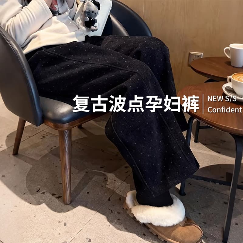 임산부 가을 겨울 의류 8 분 바지 바지 레트로 도트 무늬 넓은 다리 여성 슬림해 보이는 캐주얼 할머니 바지 9 분 바지 임산부 바지 이미지 4