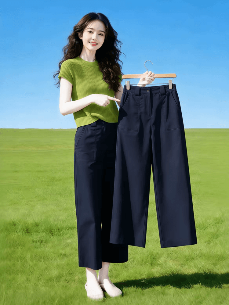 해군 스트레이트 캐주얼 바지 여성 이른 가을 하이웨이스트 루즈핏 슬림해 보이는 9 포인트 여성 와이드 레그 팬츠 상세 이미지 2