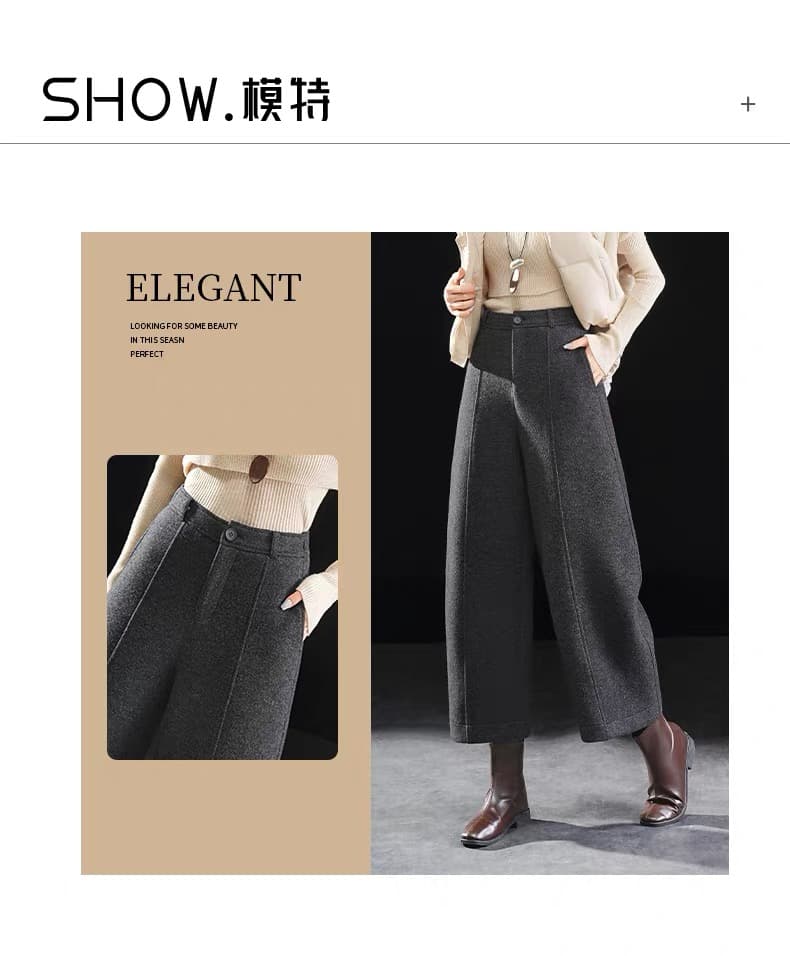 블랙 회색 모직 9 포인트 모통이 칼 바지 여성 가을 겨울 새로운 하이웨이스트 루즈핏 작은 키 넓은 다리 캐주얼 바지 여성 상세 이미지 9