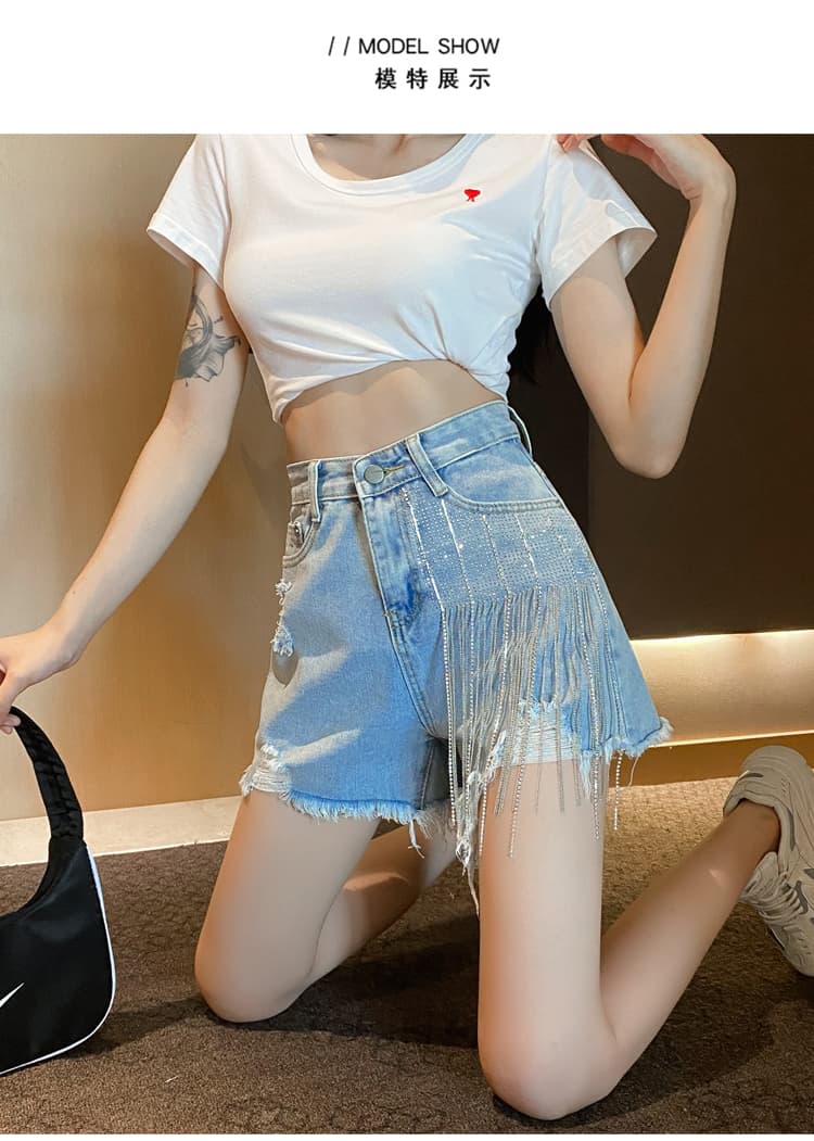실사 인터넷 유명인 데님 반바지 하이웨이스트 새로운 슬림해 보이는 루즈핏 징 술 한 마디 외출용 핫 바지 상세 이미지 9