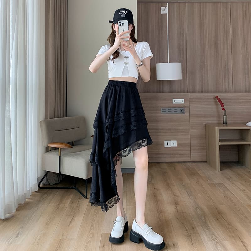 실사 작은 청신 패치워크 레이스 화이트 여름 섹션 반신 스커트 여성 외국 가스 하이웨이스트 불규칙 케이크 미니 스커트 이미지 4