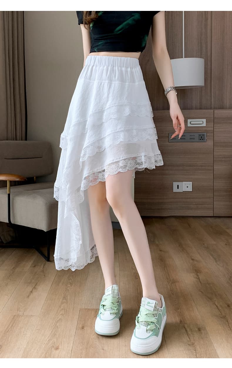 실사 작은 청신 패치워크 레이스 화이트 여름 섹션 반신 스커트 여성 외국 가스 하이웨이스트 불규칙 케이크 미니 스커트 상세 이미지 19