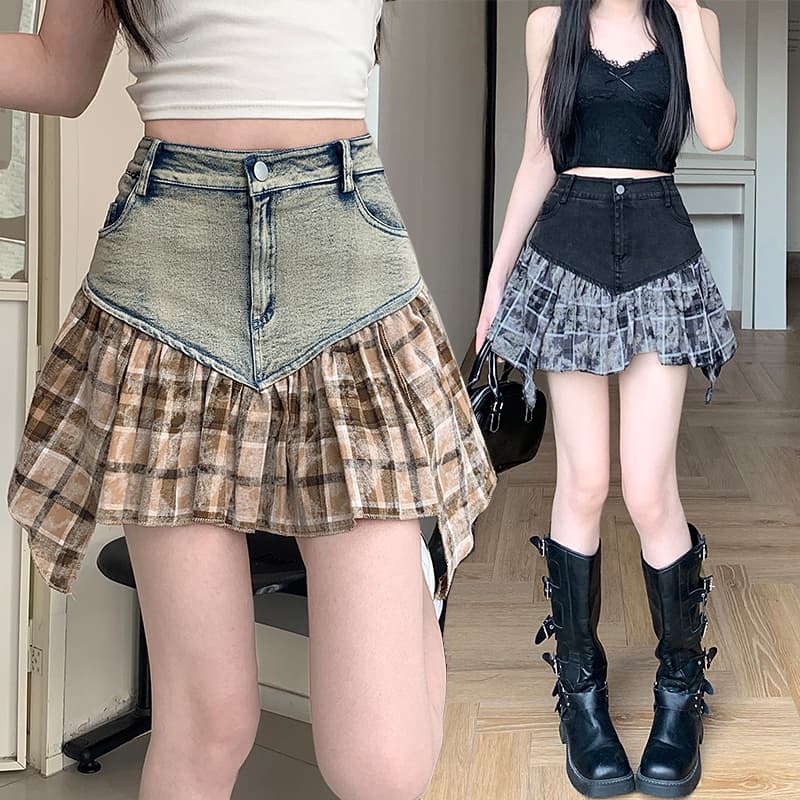 실사 디자인 센스 데님 패치워크 불규칙 체크무늬 반신 스커트 하이웨이스트 한 마디 미니 스커트 여성 이미지 2