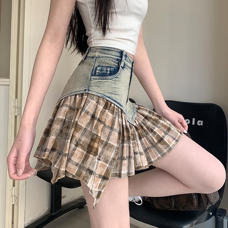 실사 디자인 센스 데님 패치워크 불규칙 체크무늬 반신 스커트 하이웨이스트 한 마디 미니 스커트 여성 이미지 6