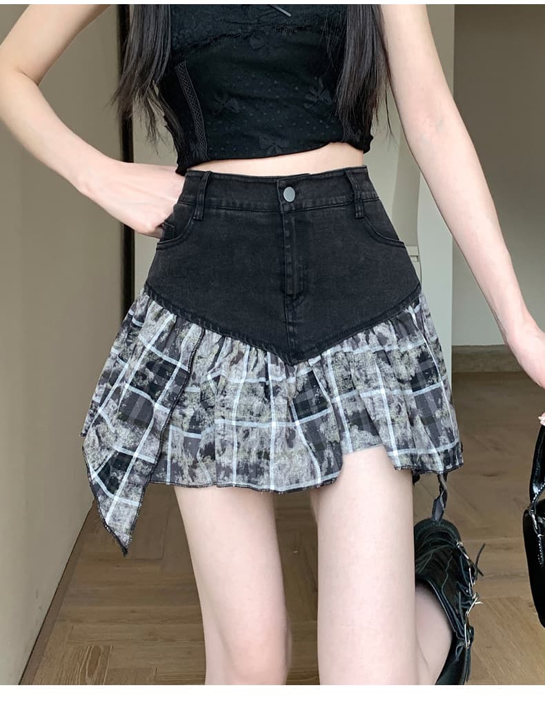 실사 디자인 센스 데님 패치워크 불규칙 체크무늬 반신 스커트 하이웨이스트 한 마디 미니 스커트 여성 상세 이미지 27