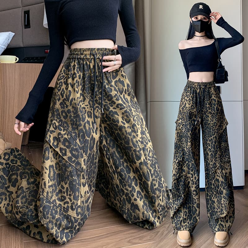 실사 새로운 면 100% 워시 물 넓은 다리 조거 둘 착용 레오파드 무늬 워크웨어 팬츠 패션 캐주얼 운동 바지 여성 이미지 2