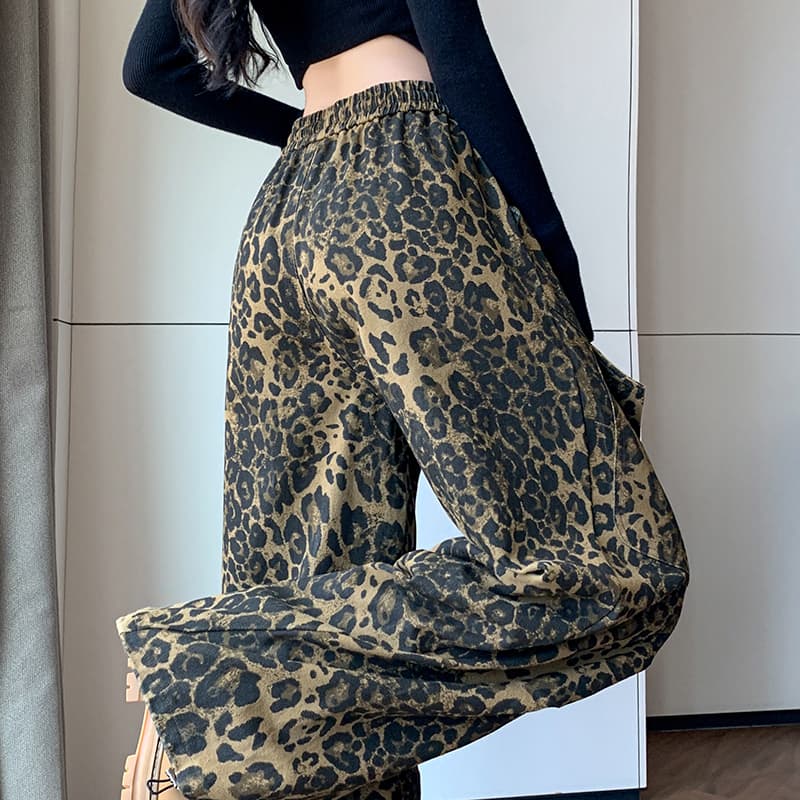 실사 새로운 면 100% 워시 물 넓은 다리 조거 둘 착용 레오파드 무늬 워크웨어 팬츠 패션 캐주얼 운동 바지 여성 이미지 4