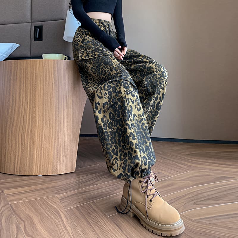 실사 새로운 면 100% 워시 물 넓은 다리 조거 둘 착용 레오파드 무늬 워크웨어 팬츠 패션 캐주얼 운동 바지 여성 이미지 6
