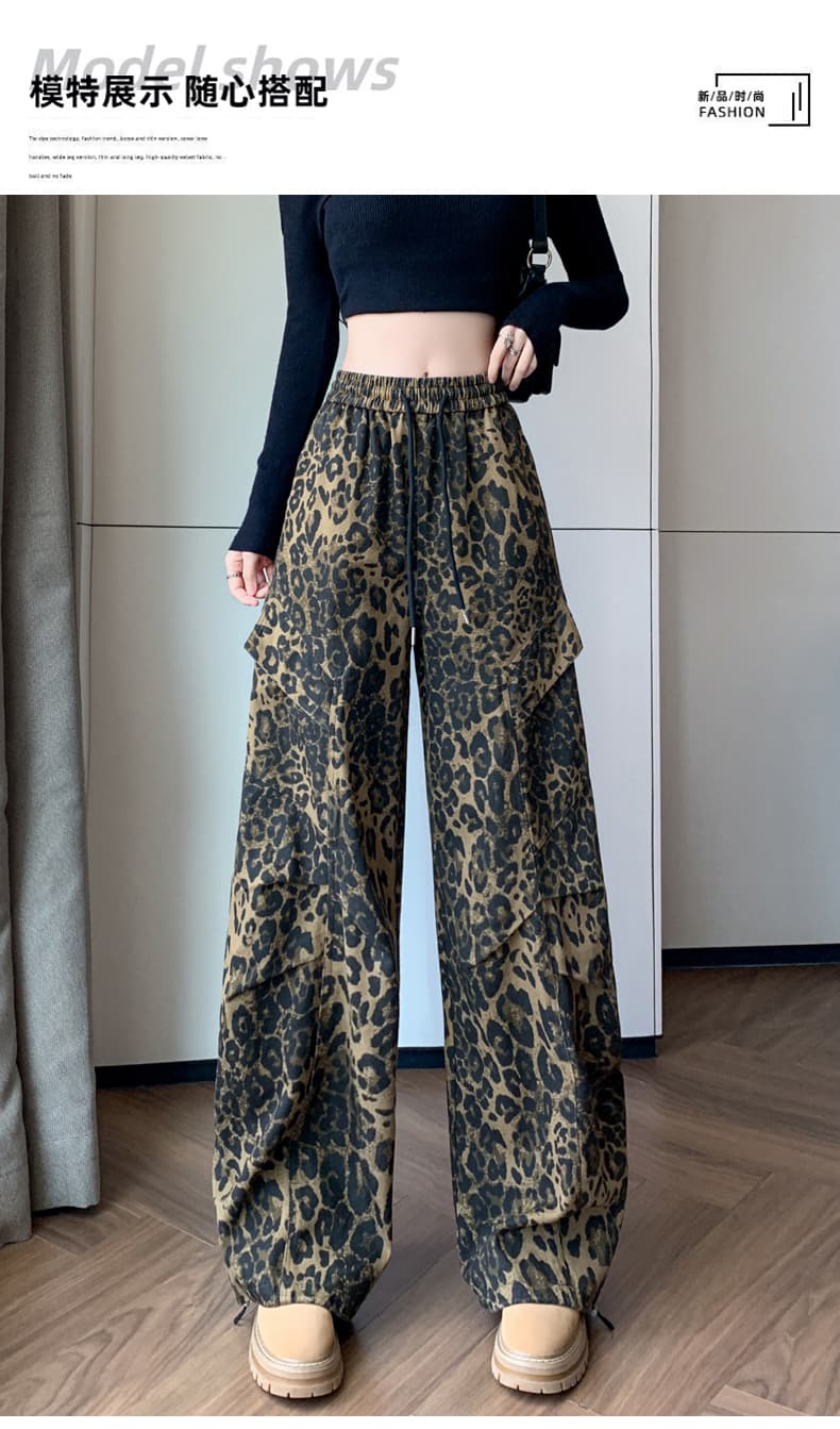 실사 새로운 면 100% 워시 물 넓은 다리 조거 둘 착용 레오파드 무늬 워크웨어 팬츠 패션 캐주얼 운동 바지 여성 상세 이미지 16
