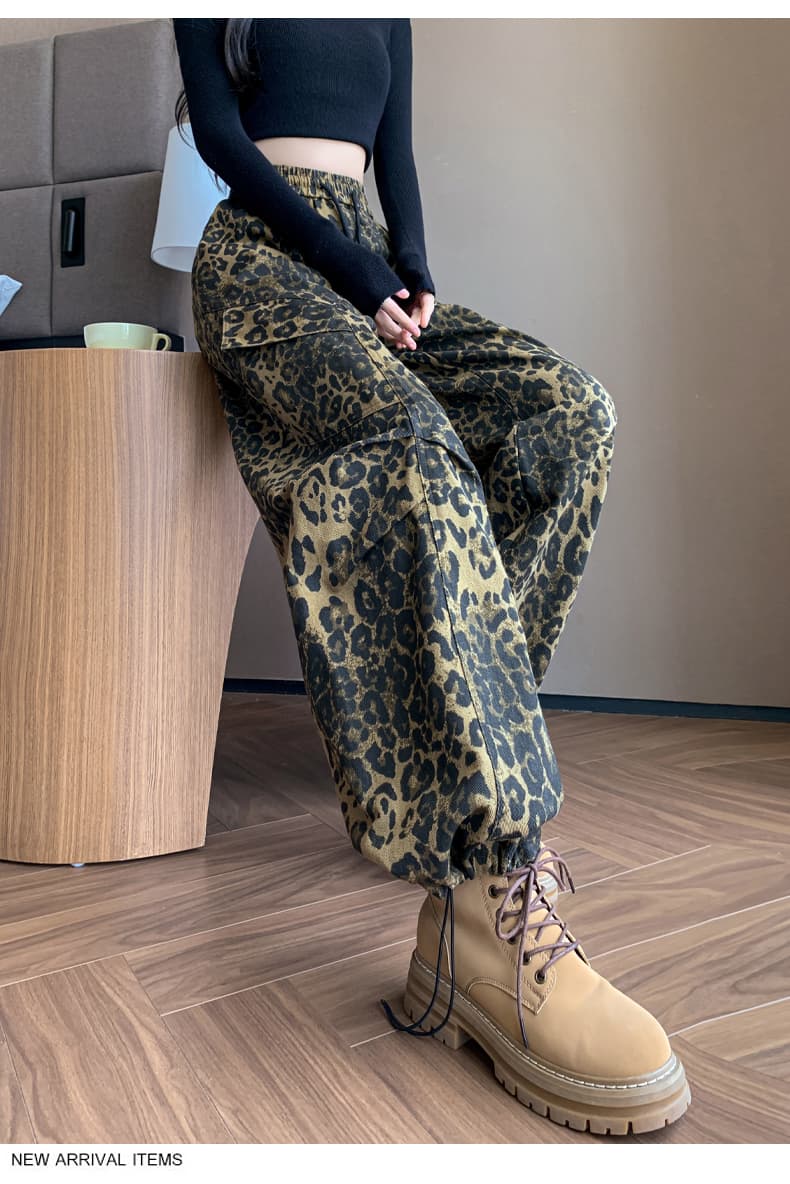 실사 새로운 면 100% 워시 물 넓은 다리 조거 둘 착용 레오파드 무늬 워크웨어 팬츠 패션 캐주얼 운동 바지 여성 상세 이미지 19