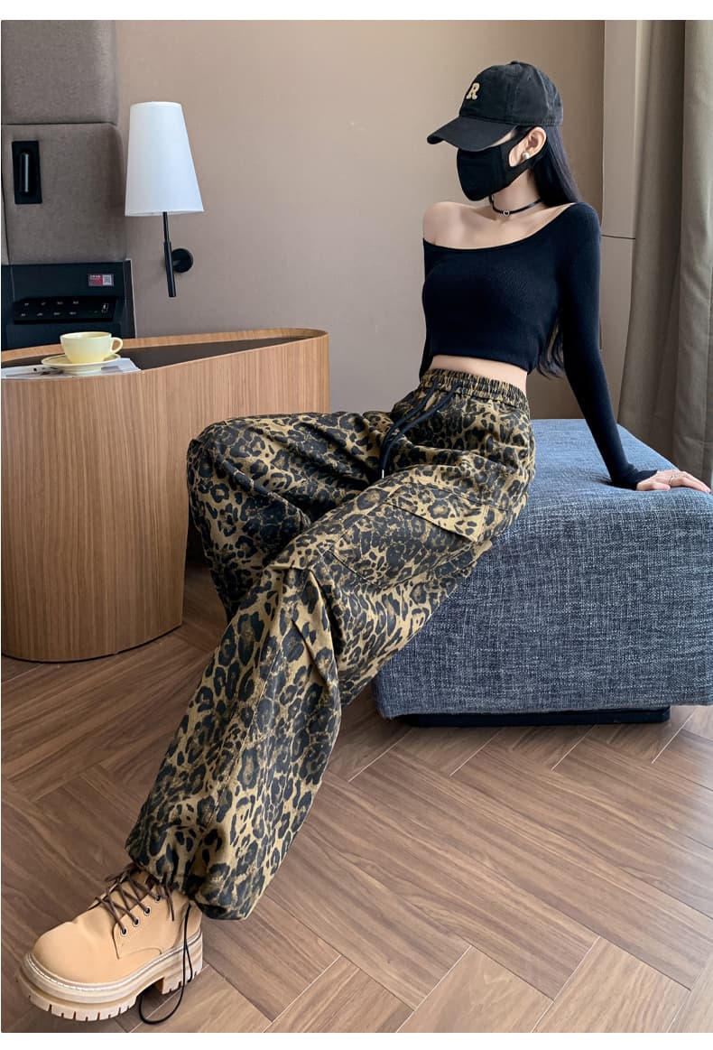 실사 새로운 면 100% 워시 물 넓은 다리 조거 둘 착용 레오파드 무늬 워크웨어 팬츠 패션 캐주얼 운동 바지 여성 상세 이미지 20