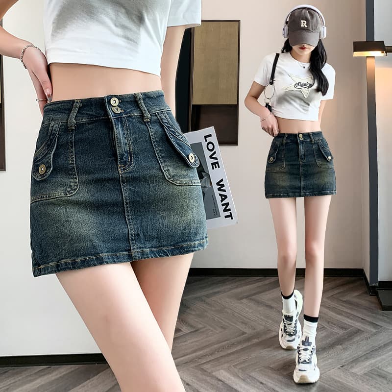 실사 노출 방지 데님 반신 스커트 여성 노스탤지어 디자인 센스 슬림해 보이는 하이웨이스트 데님 반바지 타이트 스커트 이미지 2