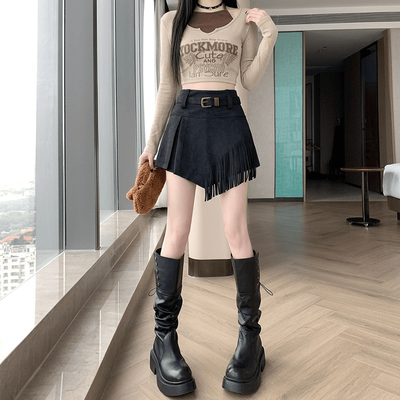 실사 스웨이드 원단 반신 스커트 여성 비대칭 술 노출 방지 플리츠 개성 캐주얼 레트로 한 마디 미니 스커트 이미지 5