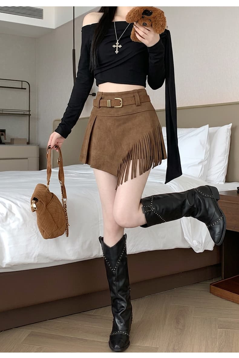 실사 스웨이드 원단 반신 스커트 여성 비대칭 술 노출 방지 플리츠 개성 캐주얼 레트로 한 마디 미니 스커트 상세 이미지 22