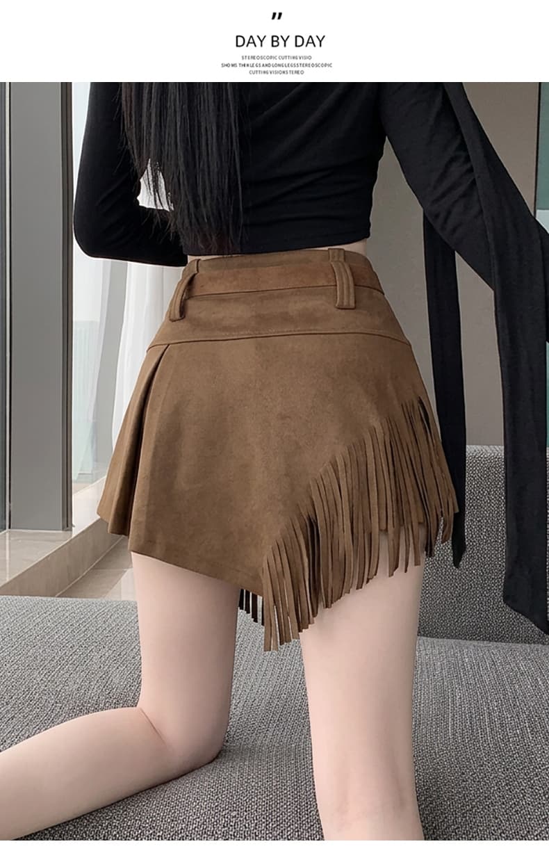 실사 스웨이드 원단 반신 스커트 여성 비대칭 술 노출 방지 플리츠 개성 캐주얼 레트로 한 마디 미니 스커트 상세 이미지 23