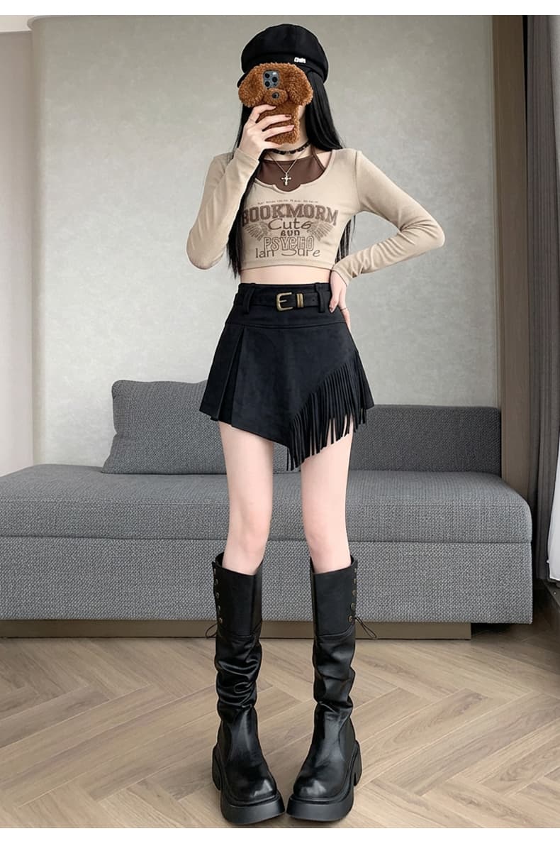 실사 스웨이드 원단 반신 스커트 여성 비대칭 술 노출 방지 플리츠 개성 캐주얼 레트로 한 마디 미니 스커트 상세 이미지 28