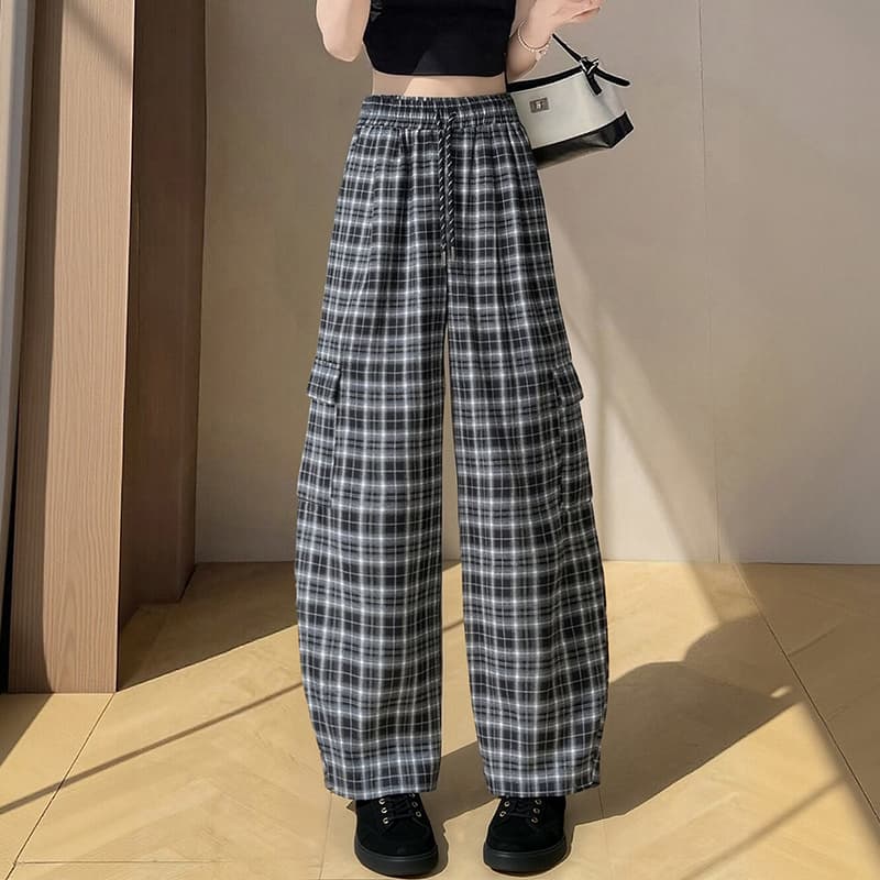 실사 레트로 느긋한 바람 허리밴드 펌프 로프 체크무늬 와이드 레깅스 바지 가을 빅 포켓 워크웨어 모통이 칼 캐주얼 바지 이미지 4