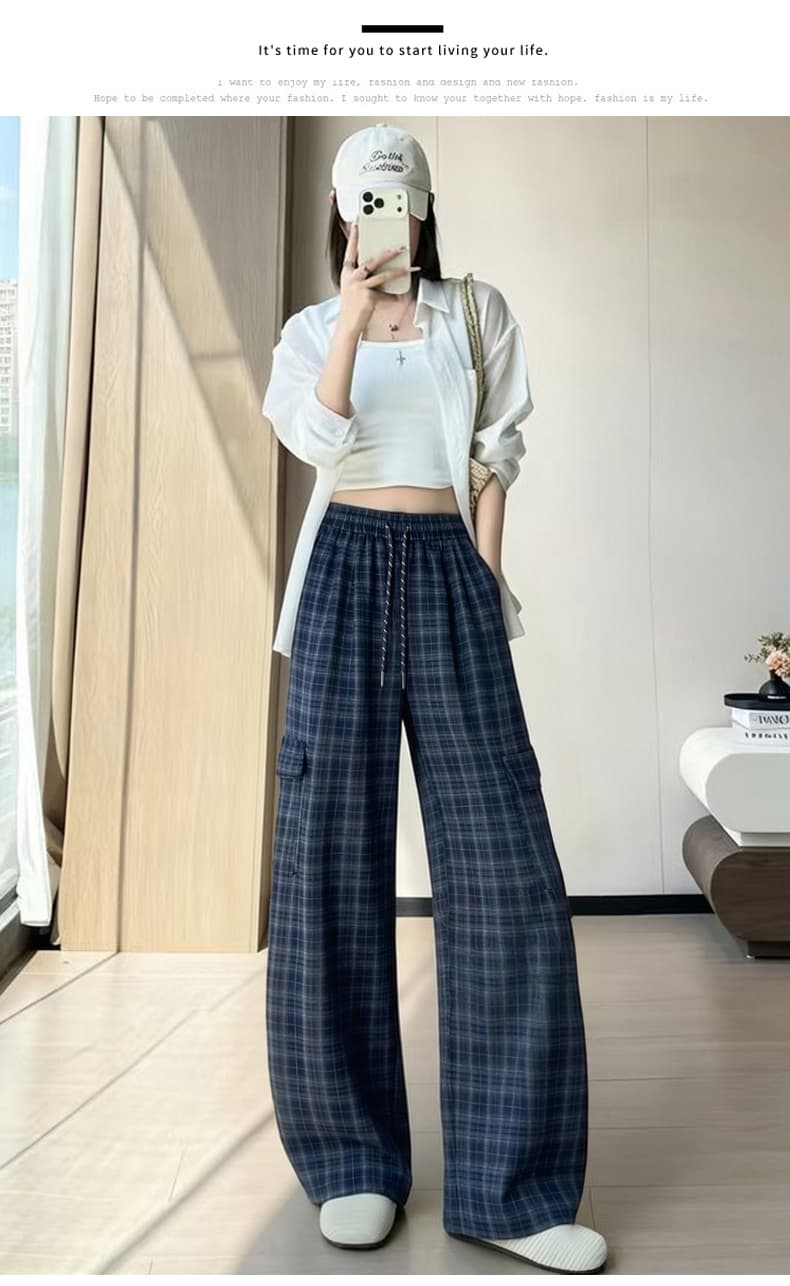 실사 레트로 느긋한 바람 허리밴드 펌프 로프 체크무늬 와이드 레깅스 바지 가을 빅 포켓 워크웨어 모통이 칼 캐주얼 바지 상세 이미지 28