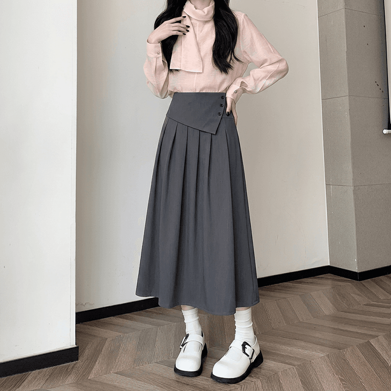 실사 회색 정장 플리츠 반신 스커트 여성 가을 허리밴드 다용도 슬림해 보이는 큰 진자 한 마디 우산 치마 이미지 2
