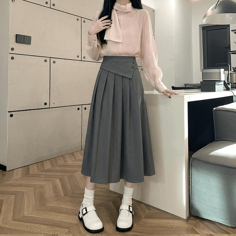 실사 회색 정장 플리츠 반신 스커트 여성 가을 허리밴드 다용도 슬림해 보이는 큰 진자 한 마디 우산 치마 이미지 6