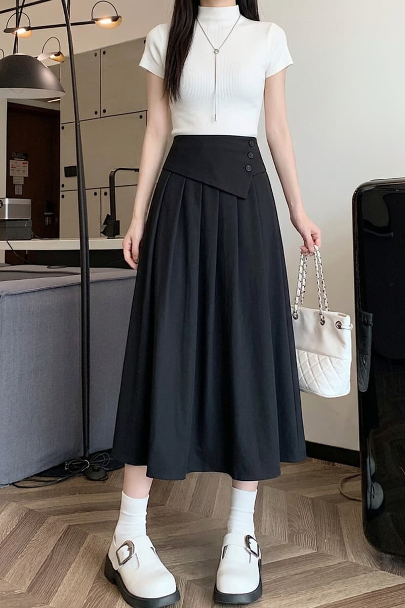 실사 회색 정장 플리츠 반신 스커트 여성 가을 허리밴드 다용도 슬림해 보이는 큰 진자 한 마디 우산 치마 이미지 7