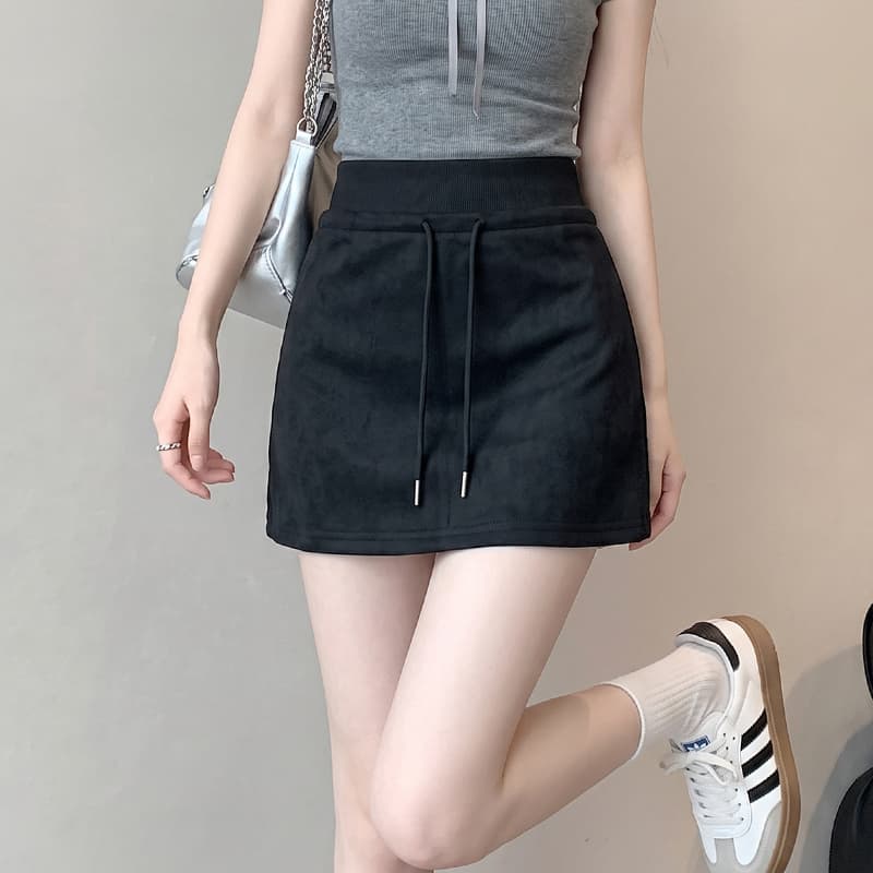실사 2026 가을 아메리칸 레트로 스웨이드 원단 미니 스커트 하이웨이스트 한 마디 반신 스커트 여성 이미지 5