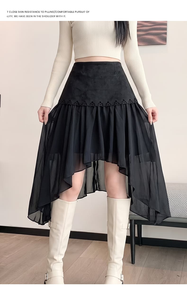 실사 새로운 불규칙 반신 스커트 여자 중간 롱 코트 홀로우 아웃 레이스 스웨이드 원단 패치워크 망사 하이웨이스트 A라인 스커트 상세 이미지 23