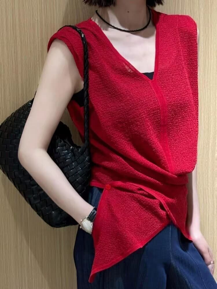도파민 특별 아름다운 꼬집기 허리 위로 의류 품격 고급 디자인 센스 세련된 연령 감소 빨간색 V넥 민소매 티셔츠 여름