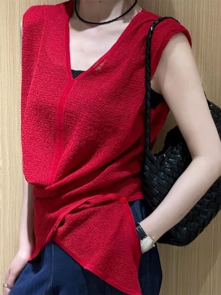 도파민 특별 아름다운 꼬집기 허리 위로 의류 품격 고급 디자인 센스 세련된 연령 감소 빨간색 V넥 민소매 티셔츠 여름 상세 이미지 2
