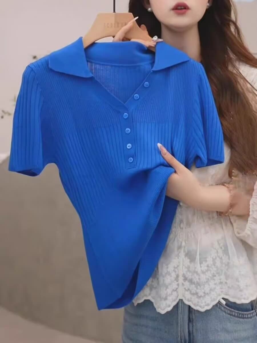 여름 새로운 톰 글 래 원인 블루 질감 센스 니트 스웨터 POLO 칼라 몸매 가꾸기 털 셔츠 짧은 여성 이미지 3