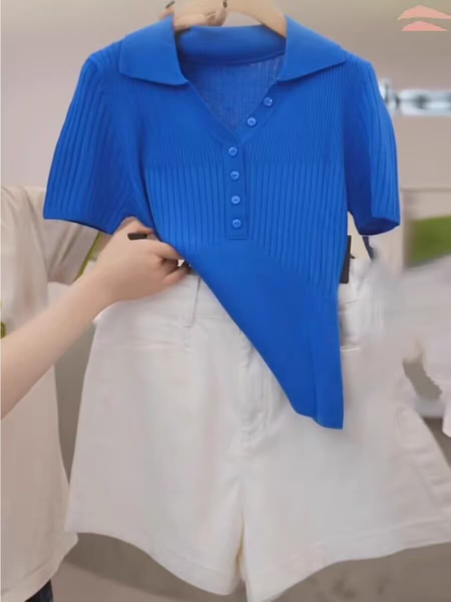 여름 새로운 톰 글 래 원인 블루 질감 센스 니트 스웨터 POLO 칼라 몸매 가꾸기 털 셔츠 짧은 여성 상세 이미지 1