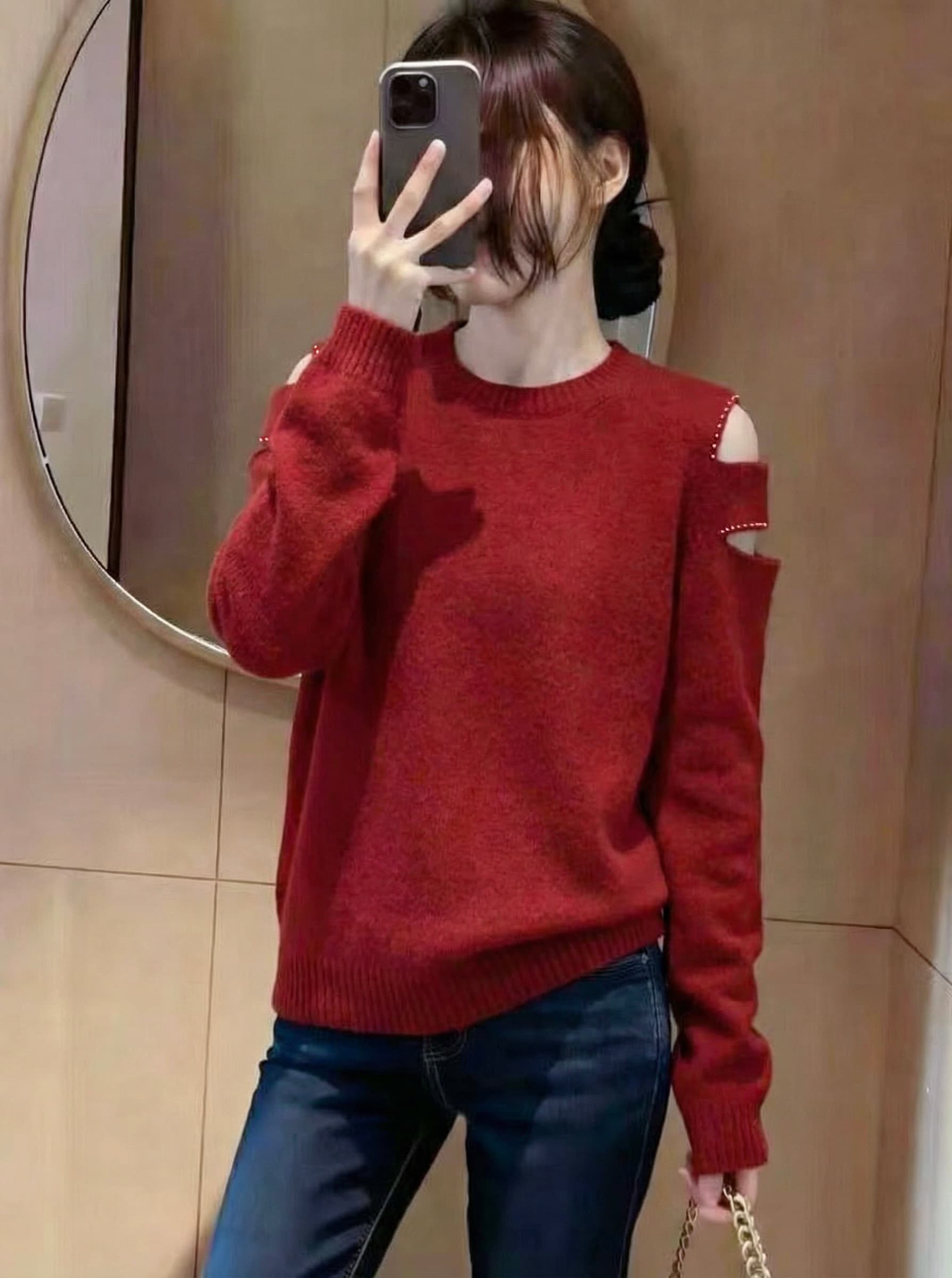 단색 라운드 넥 긴팔 풀오버 양모 스웨터 가을 겨울철 찢어진 부분 디자인 센스 루즈핏 캐주얼 연령 감소 양모 니트 스웨터 이미지 3