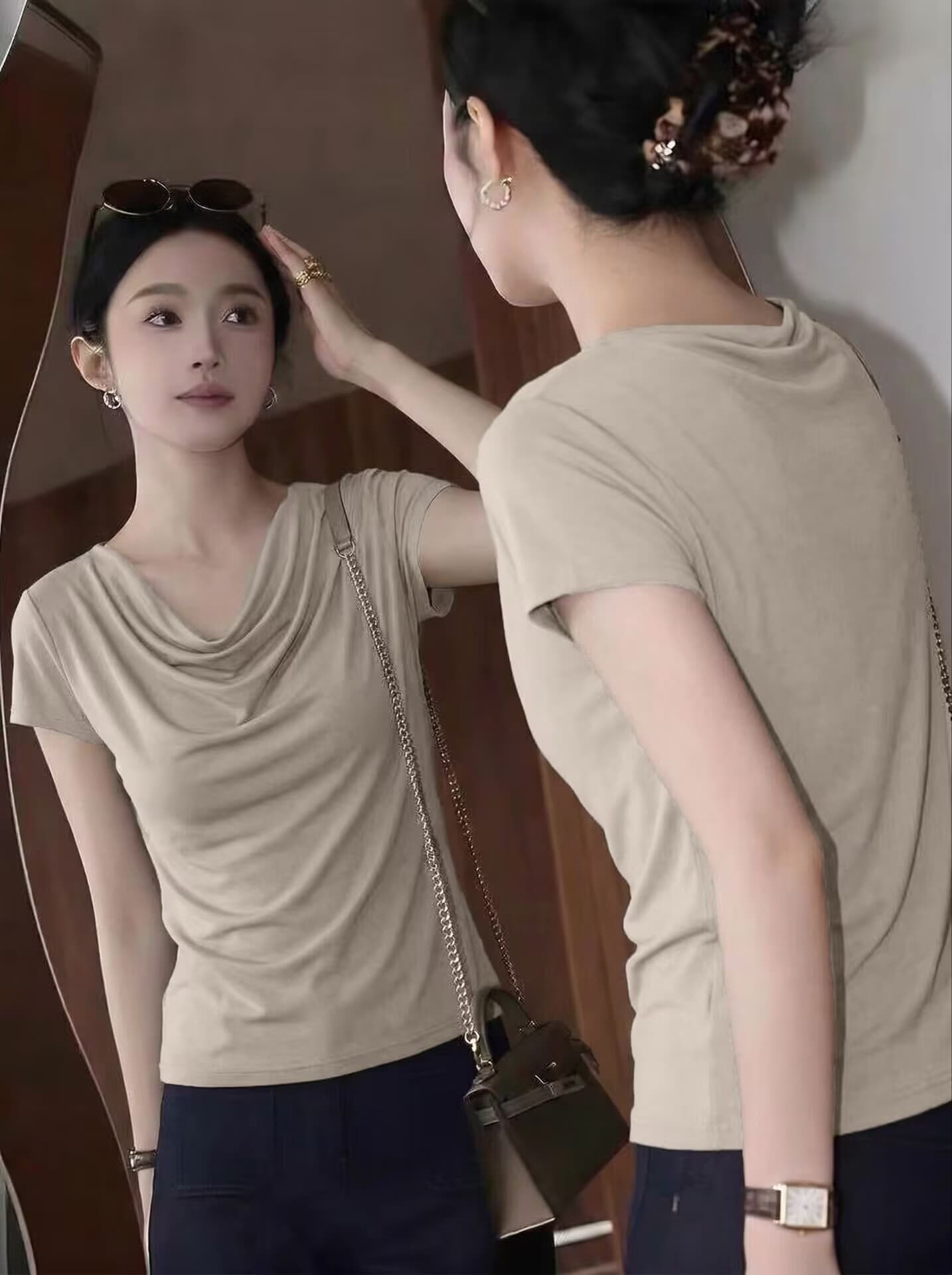 아세트산 흔들다 칼라 반팔 티셔츠 여성 의류 여름 새로운 시원한 얼음 실크 부드러운 품격 오프숄더 맨위