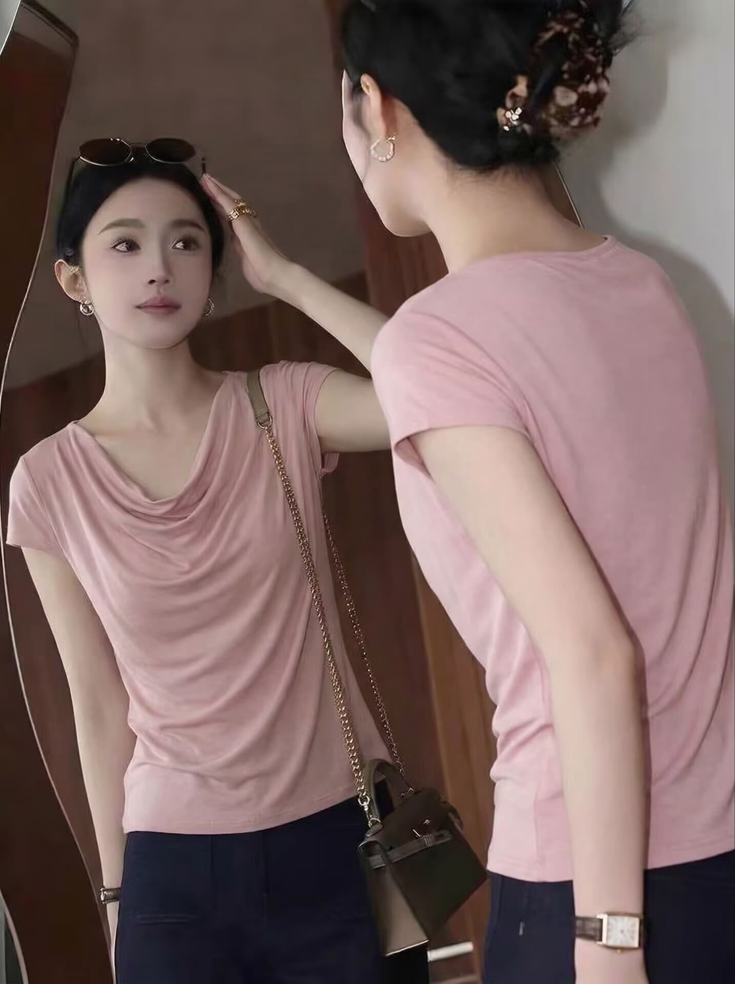 아세트산 흔들다 칼라 반팔 티셔츠 여성 의류 여름 새로운 시원한 얼음 실크 부드러운 품격 오프숄더 맨위 이미지 3