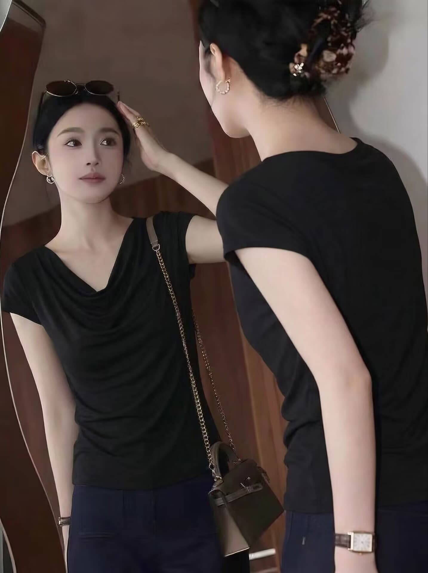아세트산 흔들다 칼라 반팔 티셔츠 여성 의류 여름 새로운 시원한 얼음 실크 부드러운 품격 오프숄더 맨위 상세 이미지 1