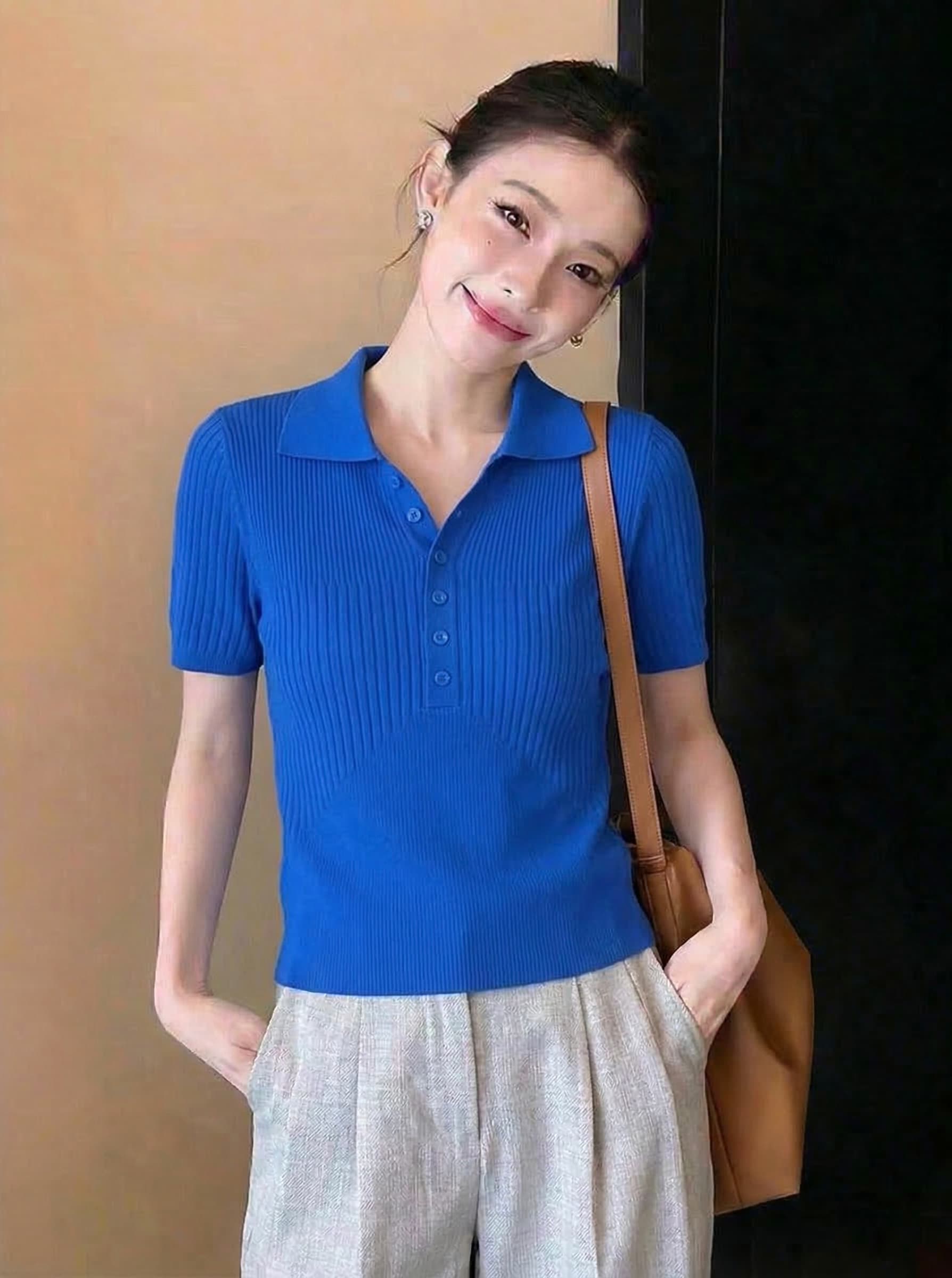 여름 새로운 톰 글 래 원인 블루 질감 센스 니트 스웨터 POLO 칼라 몸매 가꾸기 털 셔츠 짧은 여성 이미지 2