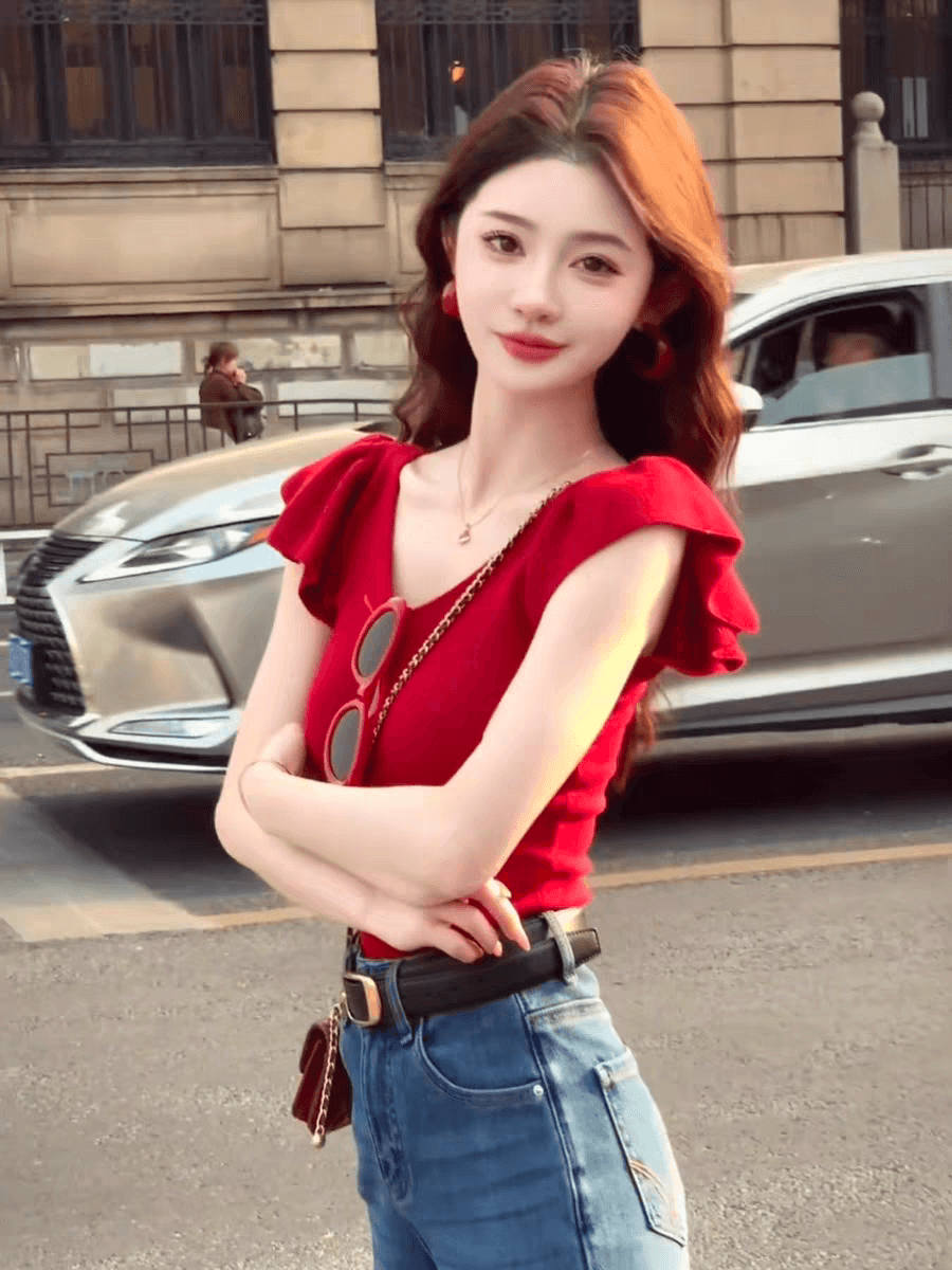 프랑스식 고급 센스 빨간색 Feifei 소매 맨위 여성 여름 새로운 얼음 실크 니트 반팔 디자인 센스 작은 대중 상세 이미지 2