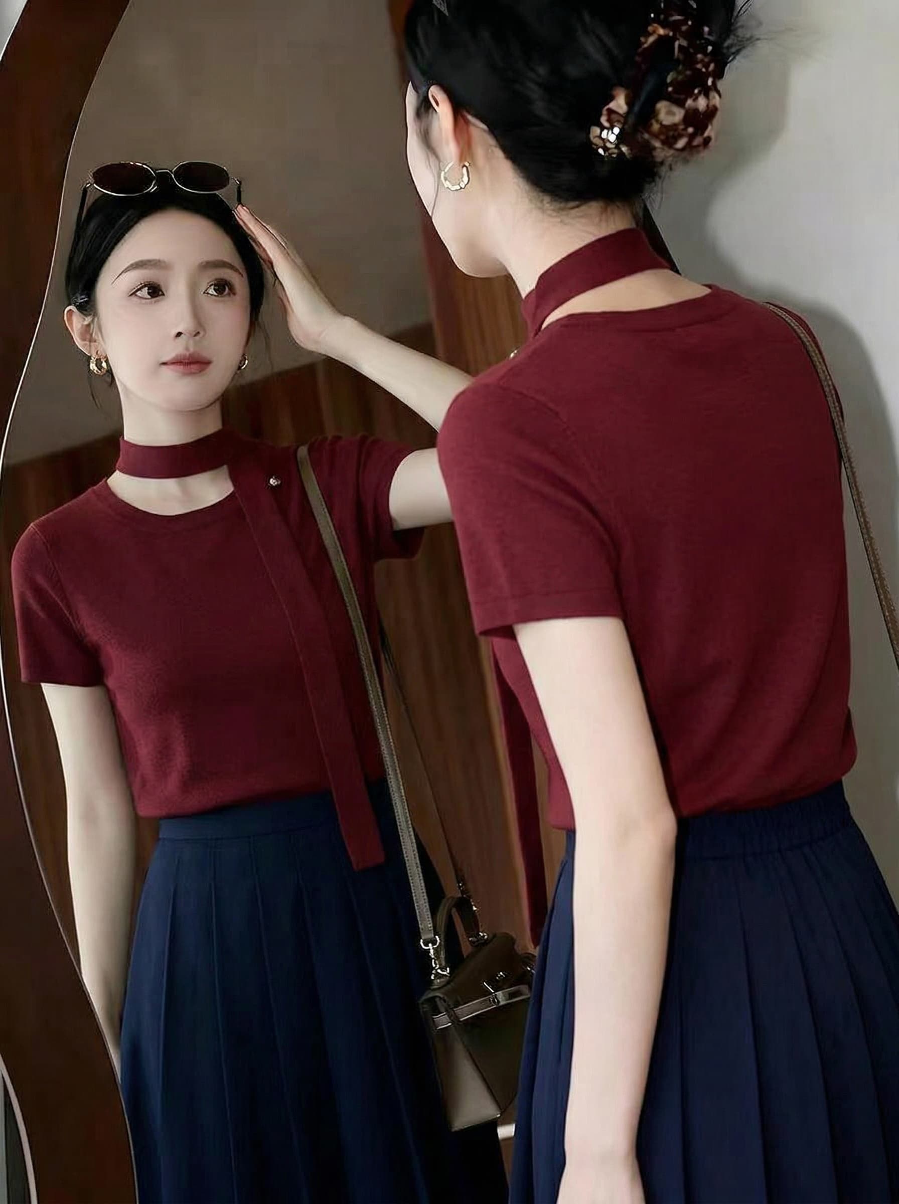 디자인 센스 리본 단색 풀오버 티셔츠 반팔 새로운 여름 기본 셔츠 외국 가스 패션 연령 감소 캐주얼 상세 이미지 1