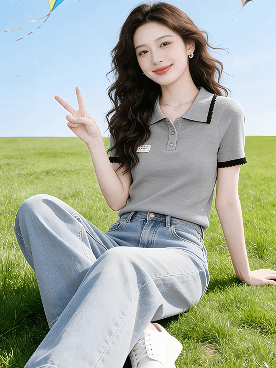 한 부서 학원 스타일 배색 폴로 칼라 반팔 얇은 스타일 니트 스웨터 여성 여름 슬림해 보이는 고급 센스 맨위 이미지 2